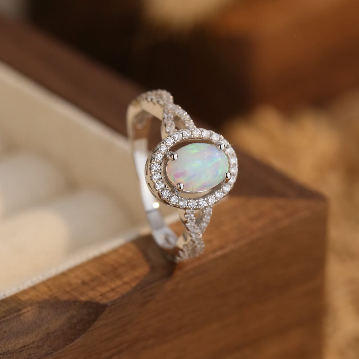 Olivenorma Oval Opal White Zircon Braided Design Ring