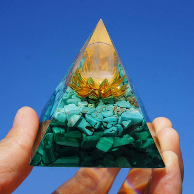 Olivenorma Clear Crystal Turquoise Malachite Lotus Symbol Orgone Pyramid