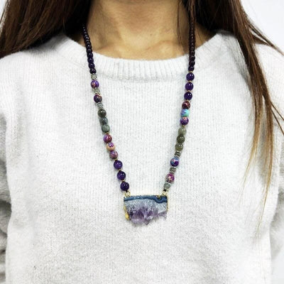 Olivenorma Rainbow Fluorite Amethyst Emperor Labradorite Mala Beaded Necklace