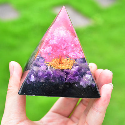 Olivenorma Tree of Life Amethyst Obsidian with Pink Crystal Orgone Pyramid