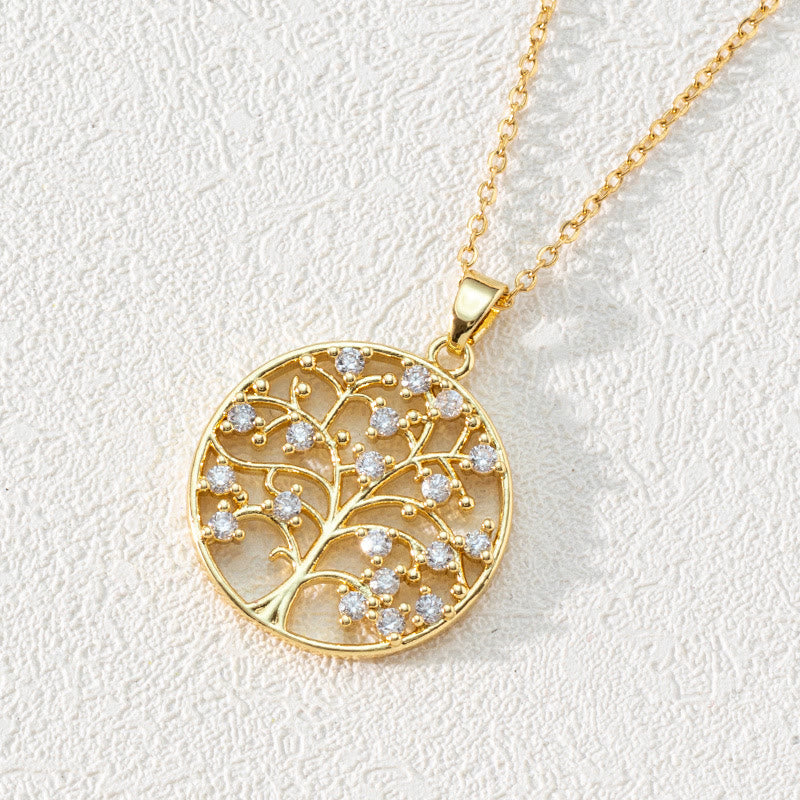 Olivenorma Zircon Round Hollow Tree of Life Pendant Clavicle Necklace