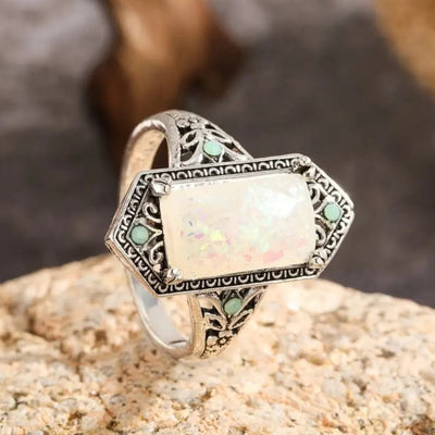 Olivenorma Square White Opal Antique Silver Ring