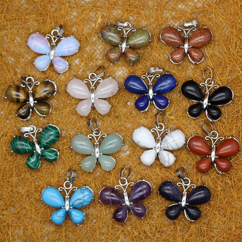 Olivenorma Natural Crystal Gemstone Butterfly Necklace