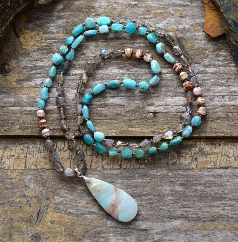 Olivenorma Amazonite Labradorite Agate Crystal Stone Mala Pendant