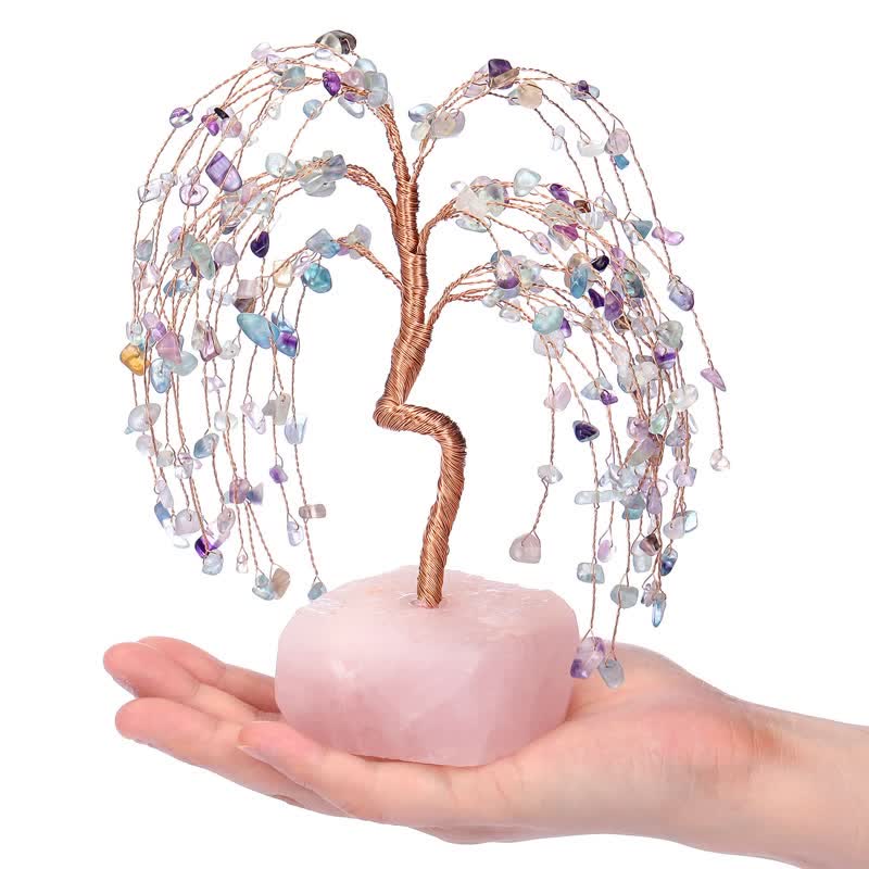 Olivenorma Fluorite Leaves Rose Quartz Base Feng Shui Tree