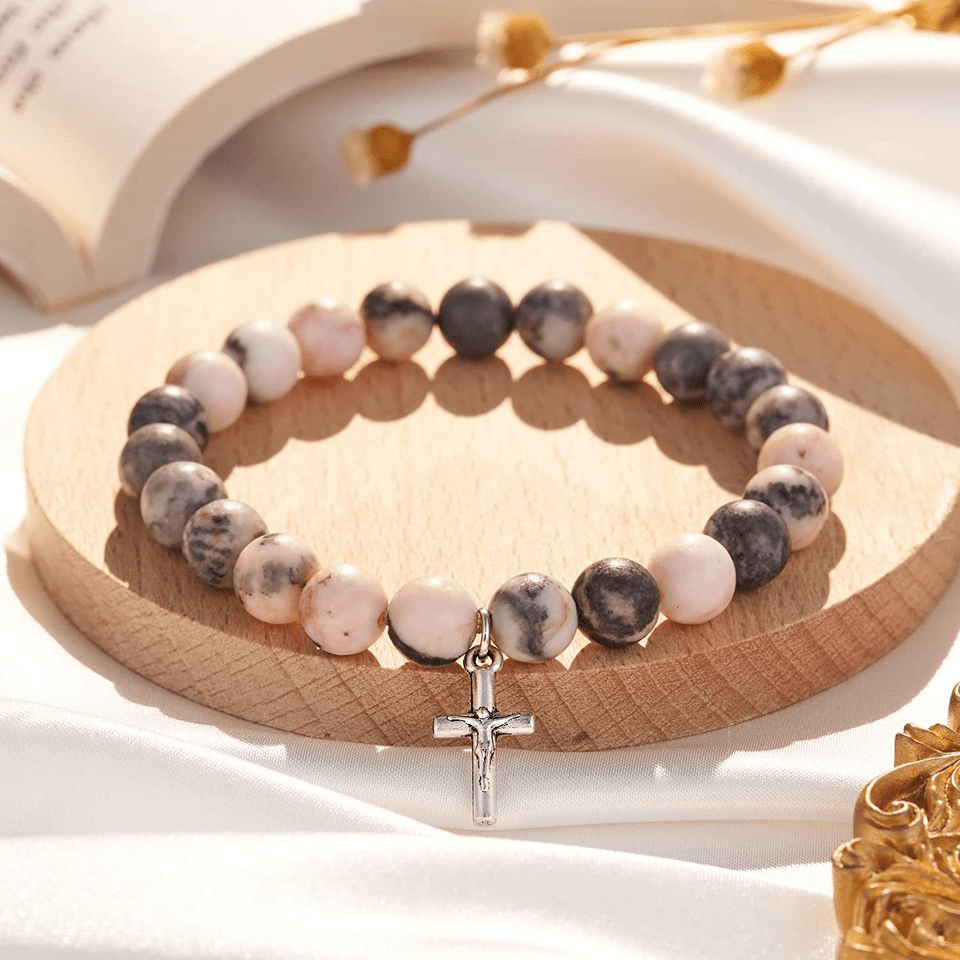 Olivenorma Pink Zebra Jasper Rhodonite 8mm Beaded Cross Pendant Bracelet