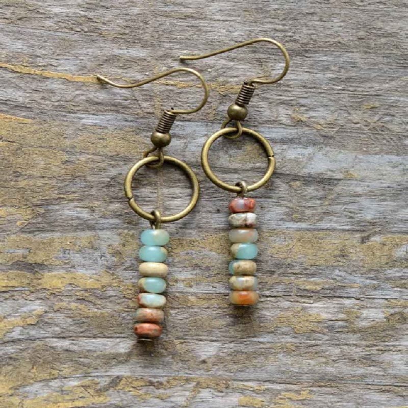 Olivenorma Agalmatolite Bronzite Strawberry Quartz Wheel Beads Earrings