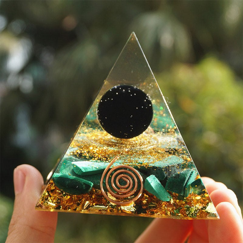 Olivenorma Malachite With Obsidian Sphere Orgone Pyrammid