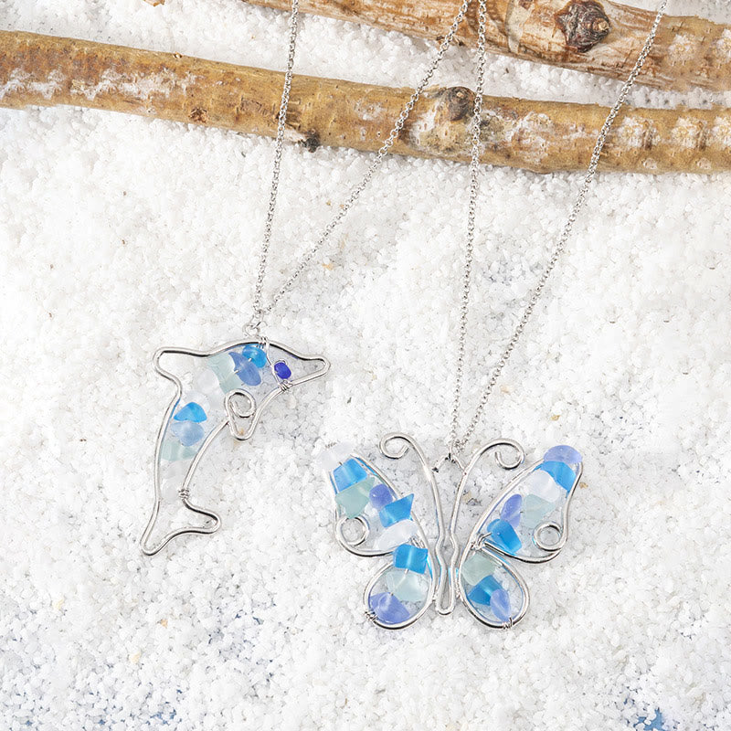 Olivenorma Butterfly & Dolphin Sea Glass Necklace