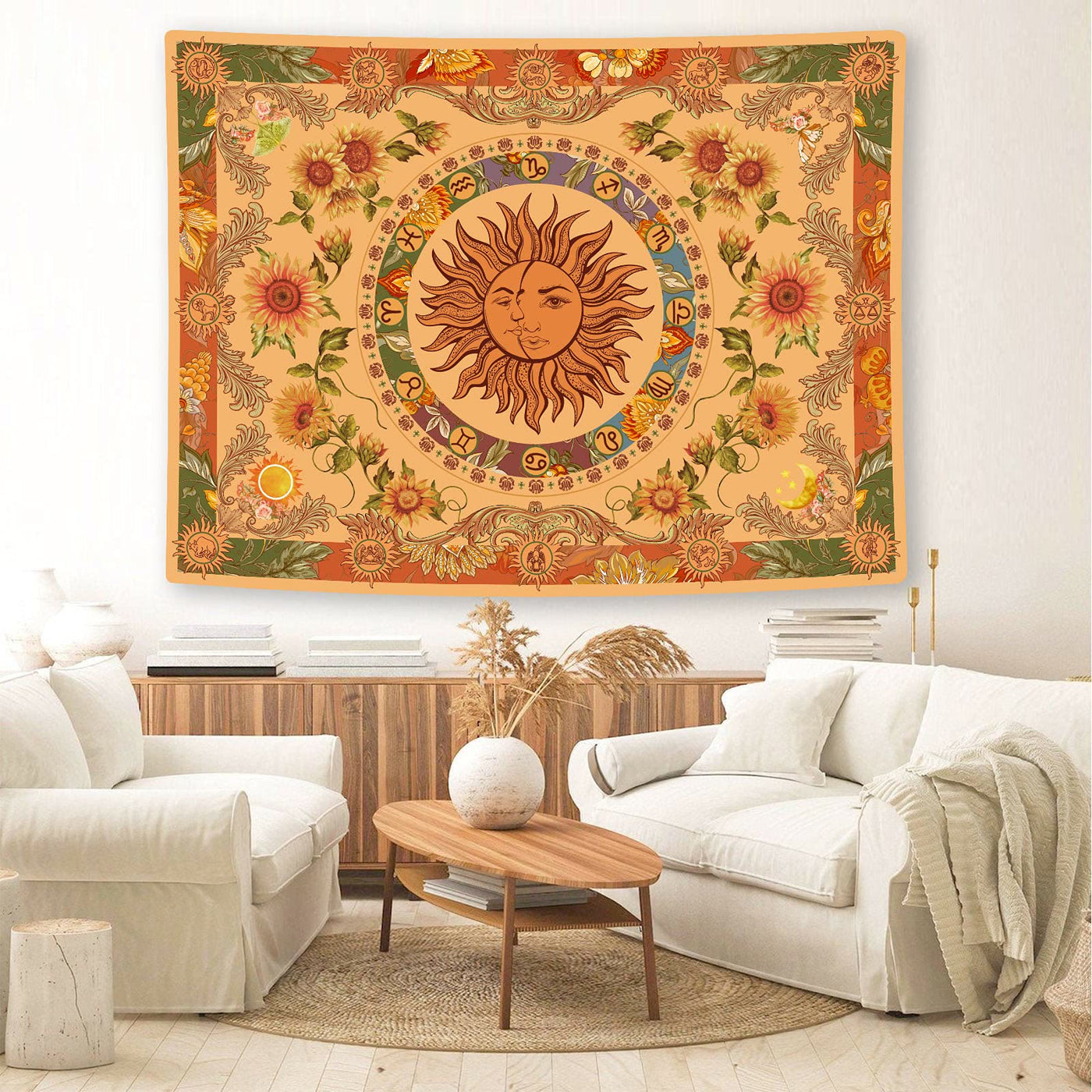 Olivenorma Yellow Orange Sun And Moon Sunflower Tapestry