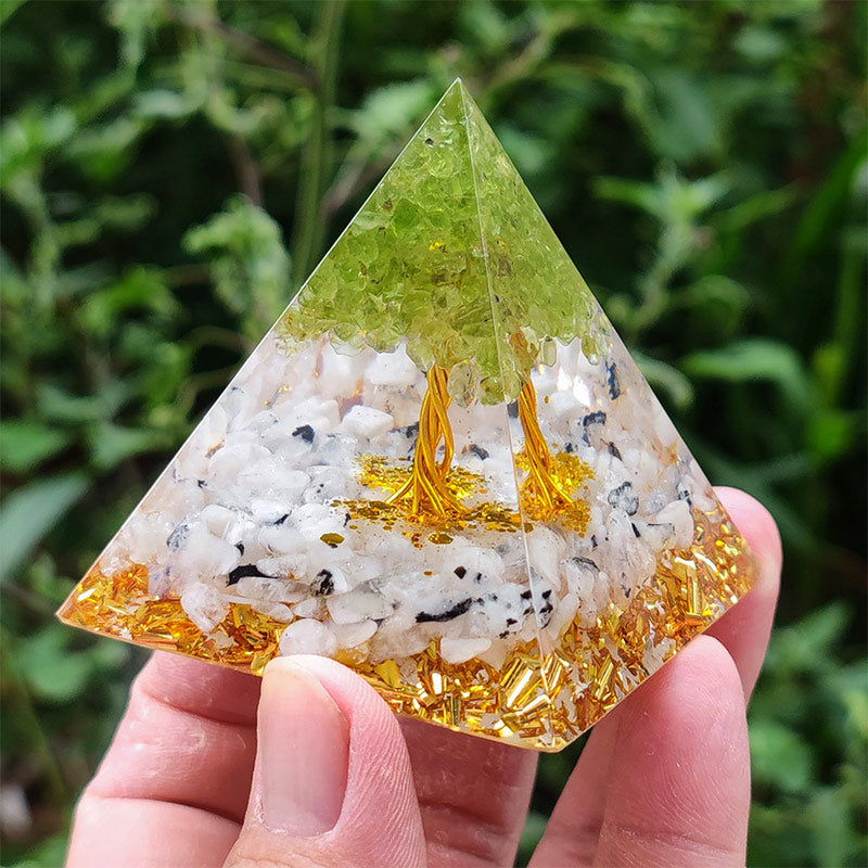 Olivenorma Moonstone with Peridot Tree Of Life Orgone Pyramid