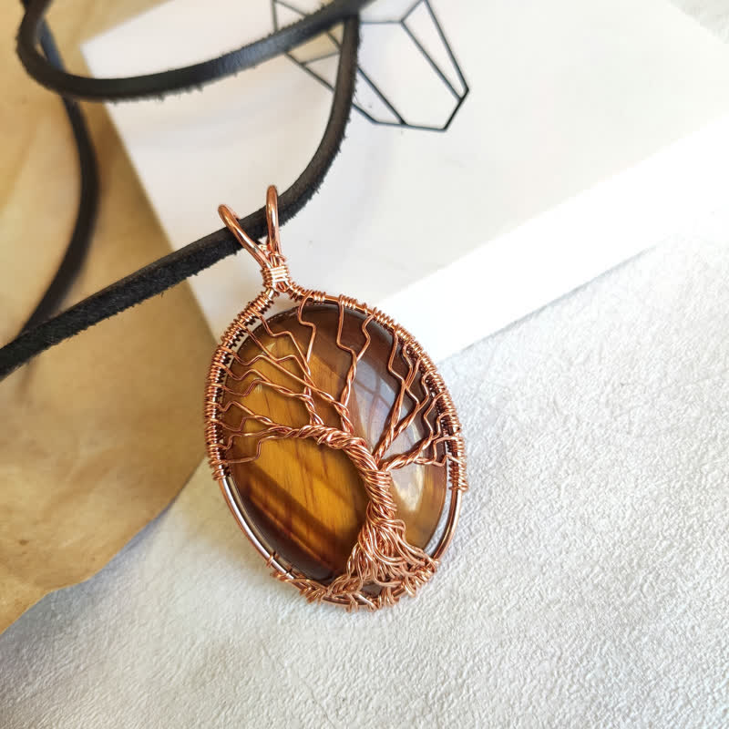 Olivenorma Oval Tiger Eye Tree Of Life Gemstone Necklace