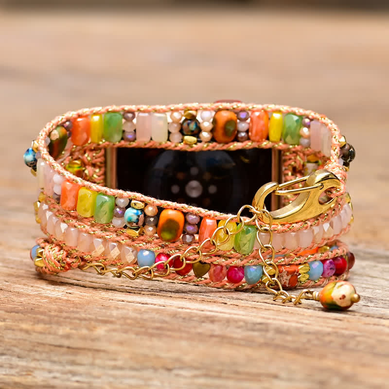 Olivenorma Natural Pink Crystal Colourful Gemstones Apple Watch Strap Wrap Bracelet