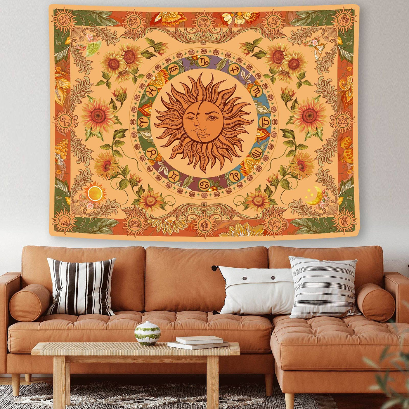 Olivenorma Yellow Orange Sun And Moon Sunflower Tapestry