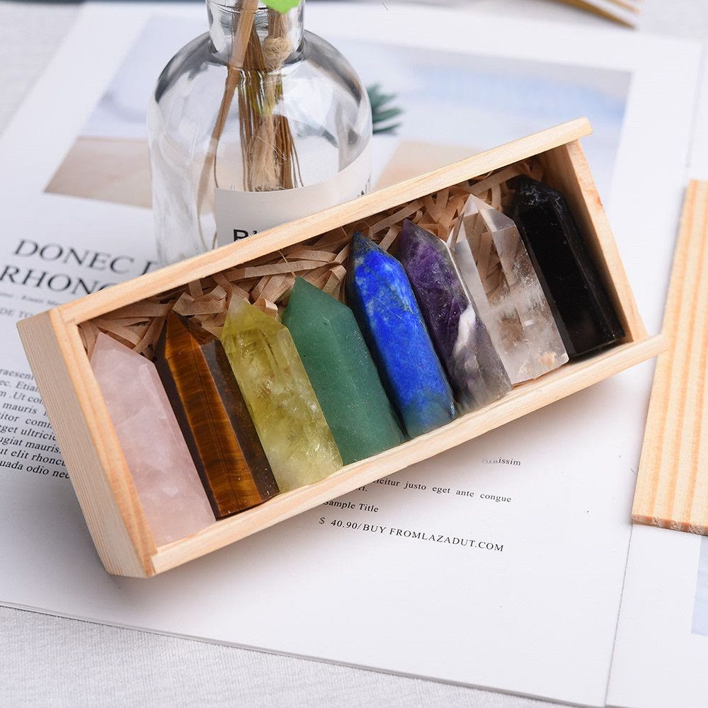 Olivenorma Eight Piece Natural Spire Chakra Crystal Wands Set