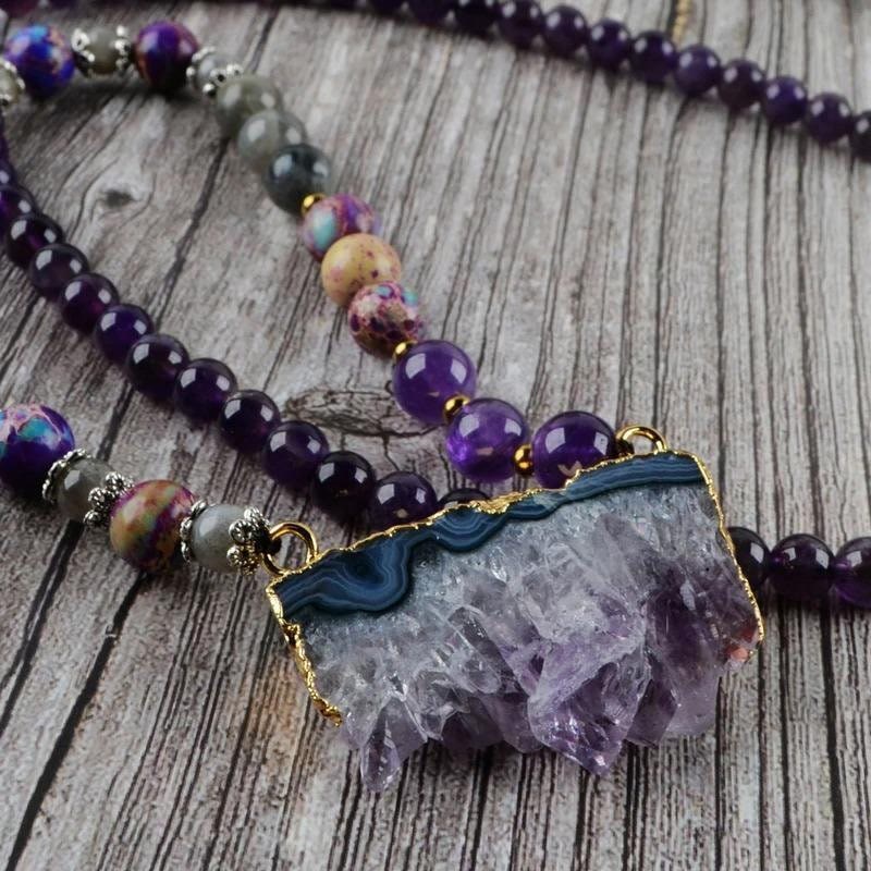 Olivenorma Rainbow Fluorite Amethyst Emperor Labradorite Mala Beaded Necklace