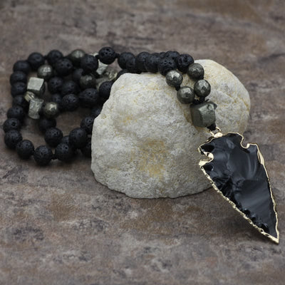 Olivenorma Obsidian Lava Stone Arrow Pendant Mala Necklace