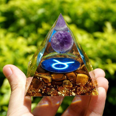 Olivenorma Amethyst with Tiger Eye Taurus Zodiac Orgone Pyramid