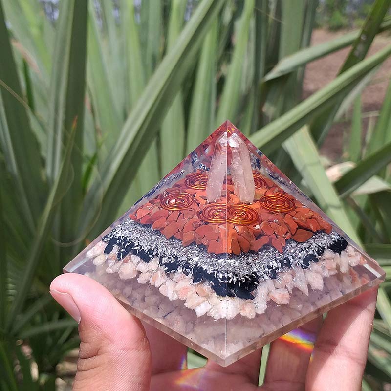 Olivenorma Clear Crysatl Pillar With Sun Stone Orgone Pyramid