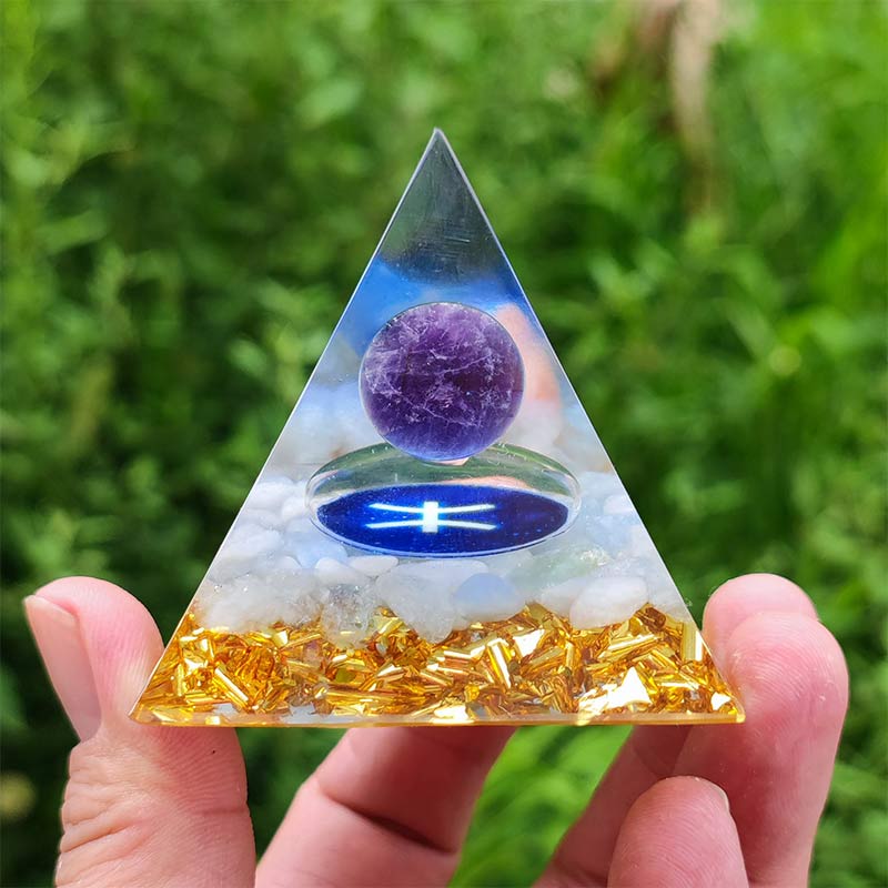 Olivenorma Amethyst with White Agate Pisces Zodiac Orgone Pyramid