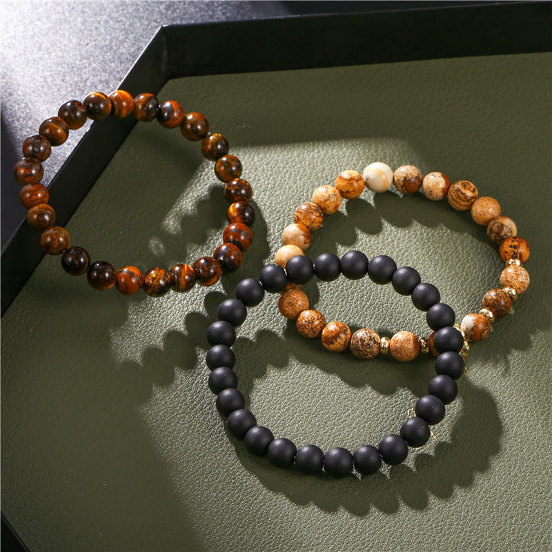 Olivenorma 3Pcs Picture Jasper Tiger Eye Black Onyx Beaded Bracelets