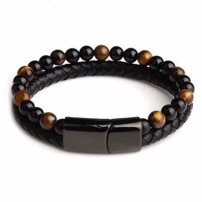 Olivenorma Natural Tiger Eye Leather Rope Double Layer Bracelet