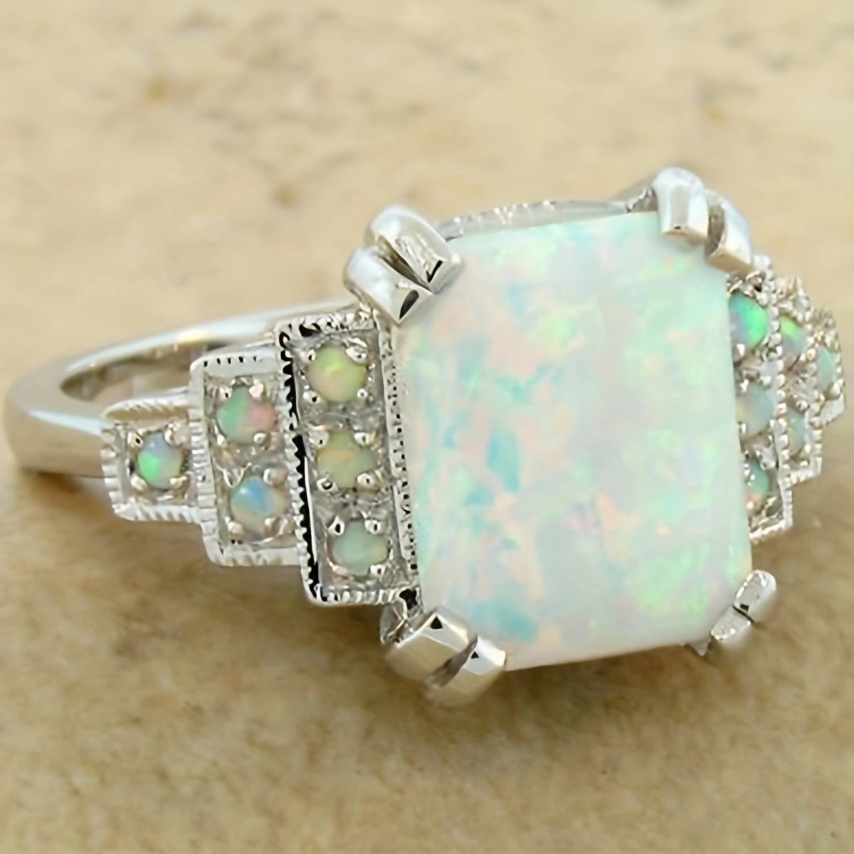 Olivenorma Square White Opal Antique Silver Ring