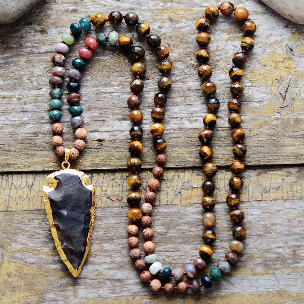 Olivenorma Tiger Eye Obsidian Stone Arrowhead Pendant Mala Necklace