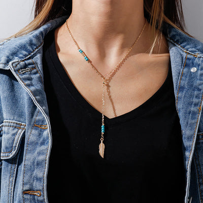 Olivenorma Turquoise Leaf Pendant Bohemian Necklace - Turquoise&Goldden - image 0