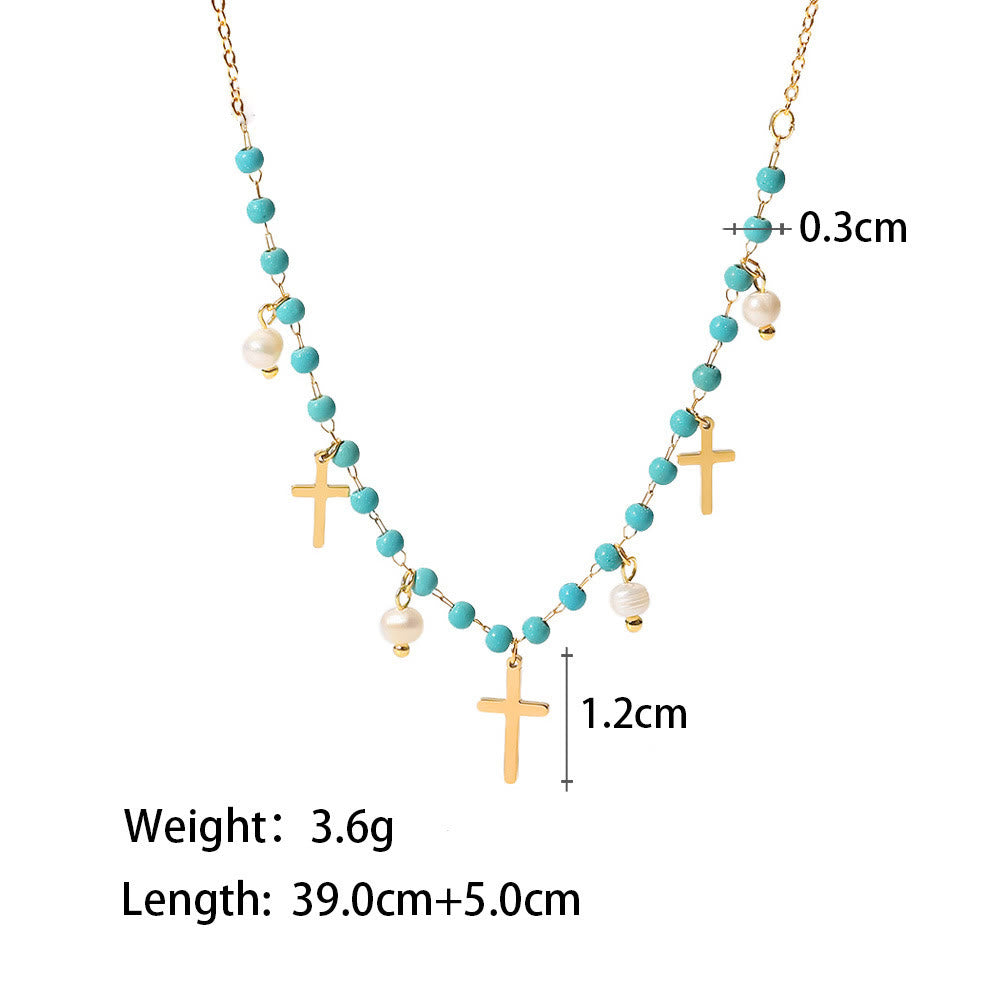 Olivenorma Turquoise Pearl Cross Pendant Tassel Necklace