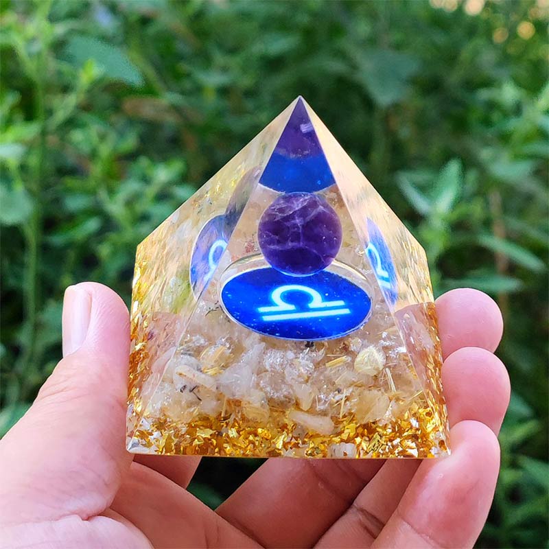 Olivenorma Amethyst with Clear Quartz Libra Zodiac Orgone Pyramid