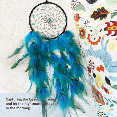 Olivenorma Turquoise Beaded Braided Floral Blue Feather Dream Catcher