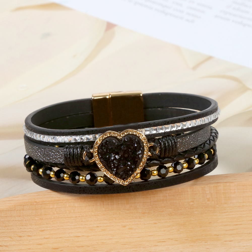 Olivenorma Heart Shape Cluster Multilayer Braided Leather Bracelet