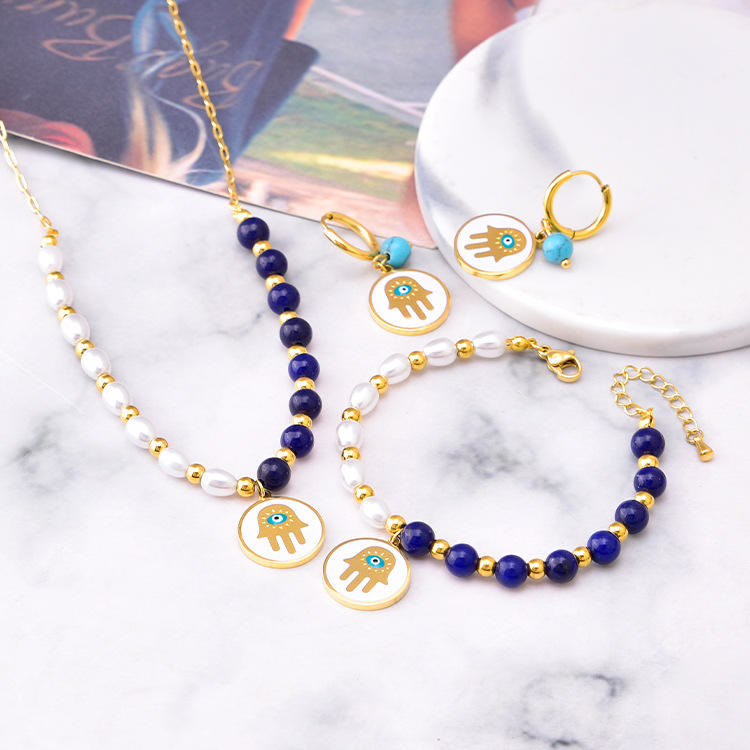 Olivenorma Pearl Lapis Lazuli Turquoise Necklace Bracelet Earrings Set