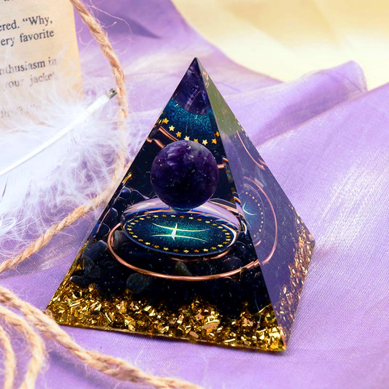 Olivenorma Amethyst Sphere With Obsidian Zodiac Pisces Orgone Pyramid