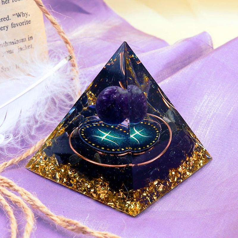 Olivenorma Amethyst Sphere With Obsidian Zodiac Pisces Orgone Pyramid