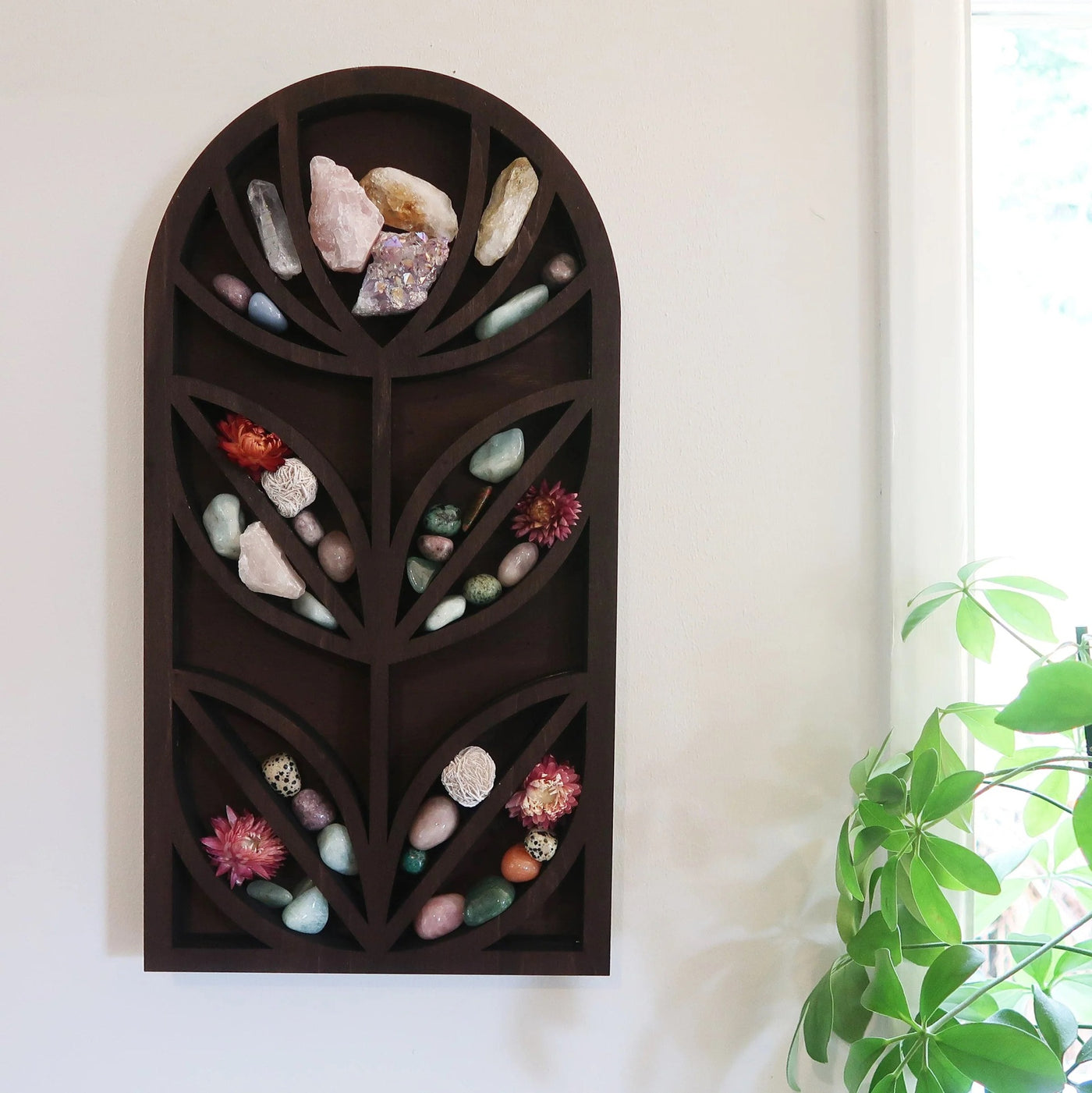 Olivenorma Dark Wood Mid Century Flower Crystal Shelf