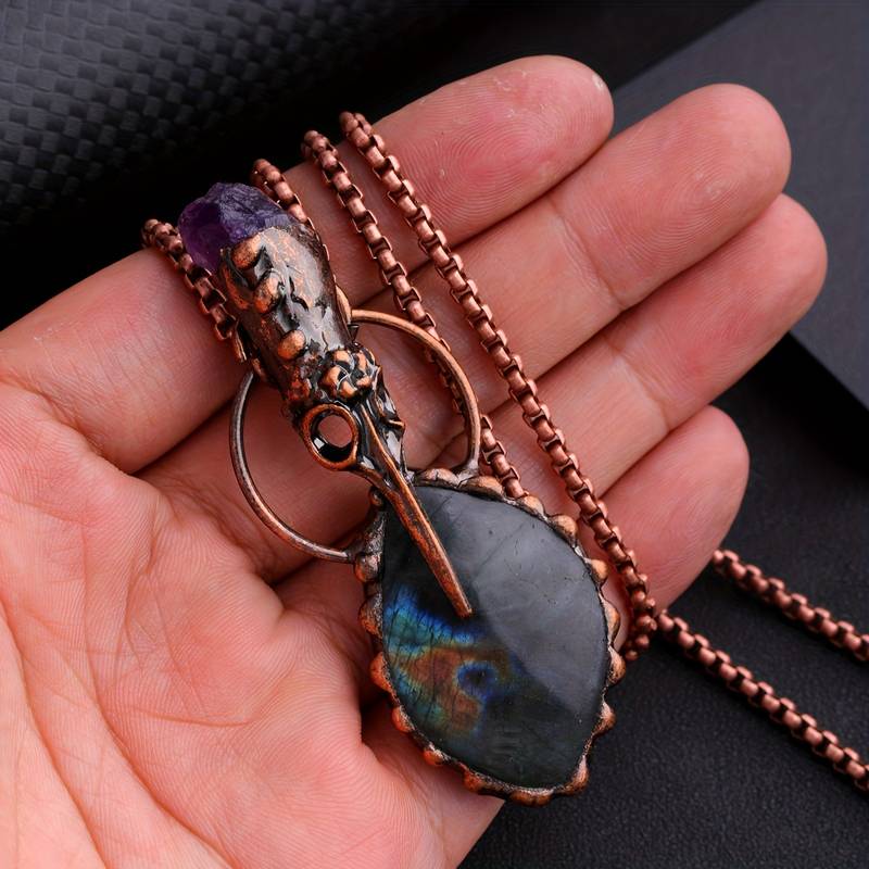 Olivenorma Copper Hummingbird Head Amethyst Labradorite Gemstone Necklace