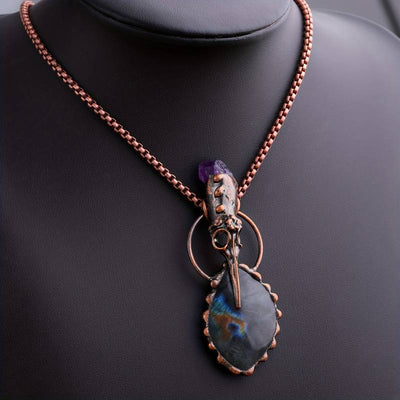 Olivenorma Copper Hummingbird Head Amethyst Labradorite Gemstone Necklace