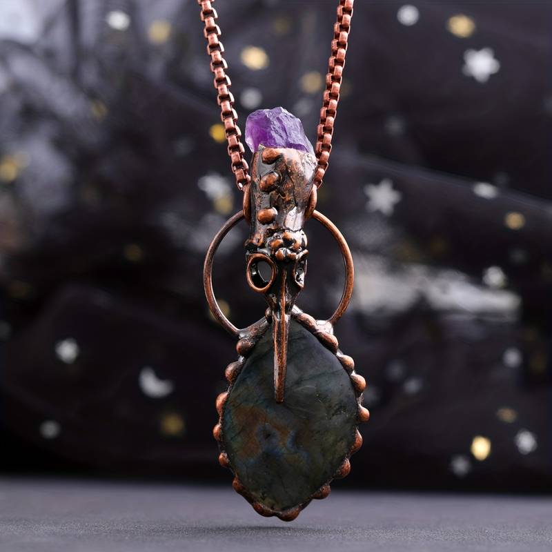 Olivenorma Copper Hummingbird Head Amethyst Labradorite Gemstone Necklace