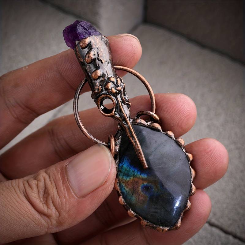 Olivenorma Copper Hummingbird Head Amethyst Labradorite Gemstone Necklace