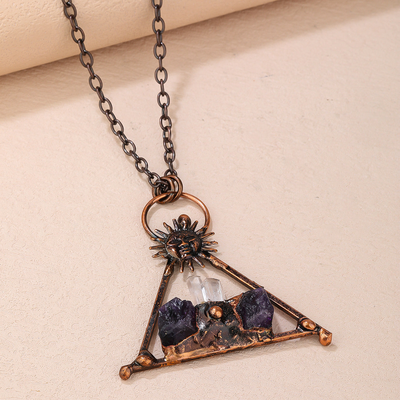 Olivenorma Copper Sun Clear Quartz Amethyst Gemstone Necklace