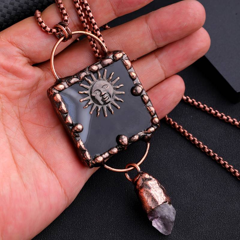 Olivenorma Sun God Black Agate Irregular Amethyst Gemstone Necklace