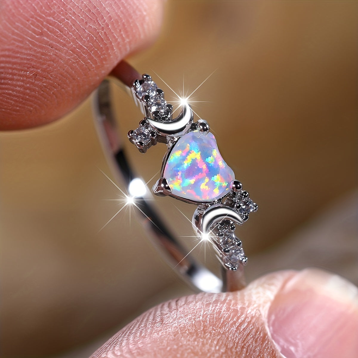 Olivenorma "Light Of Our Love" Heart Opal Moon Phases Ring