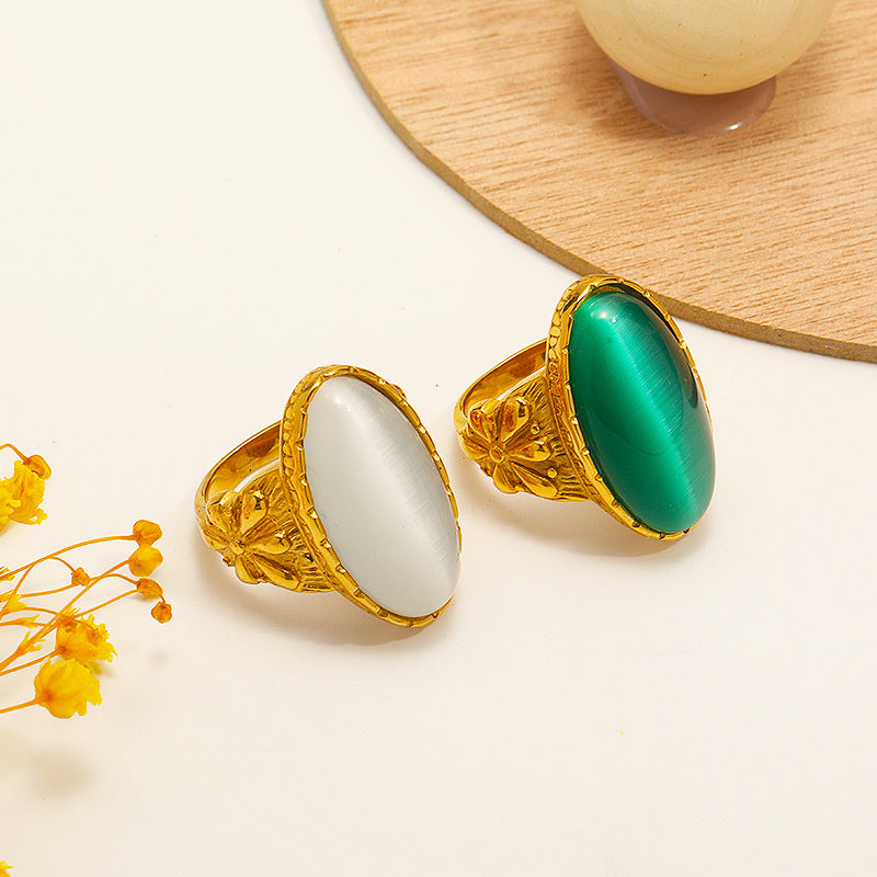 Olivenorma Oval White Green Cat's Eye Stone Ring