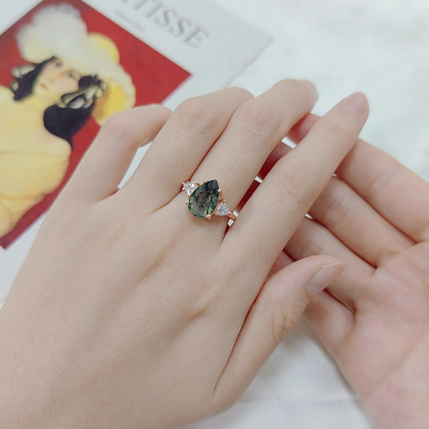 Olivenorma Moss Agate Teardrop Wedding Engagement Ring