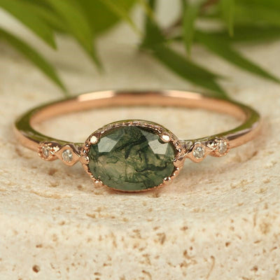 Olivenorma Female Golden Oval Moss Agate Ring