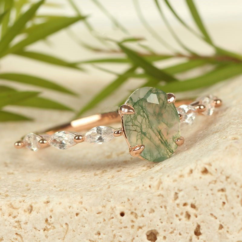 Olivenorma Women Solitaire Oval Moss Agate Ring