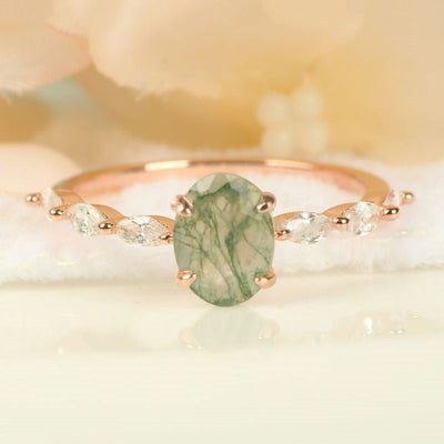 Olivenorma Women Solitaire Oval Moss Agate Ring