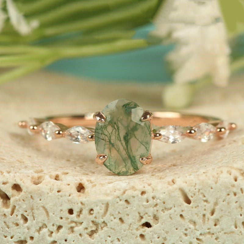 Olivenorma Women Solitaire Oval Moss Agate Ring